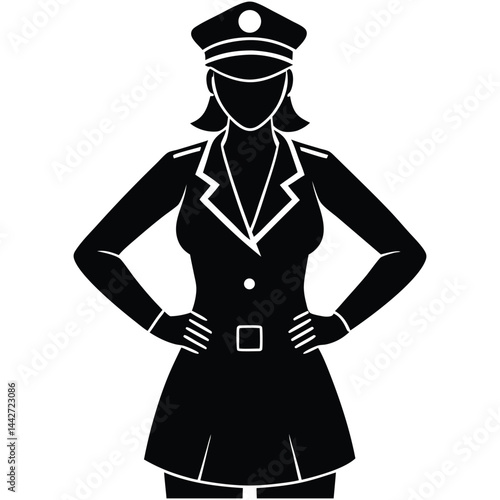A black silhouette of a female police officer standing with hands on hips, wearing a uniform, conveying a sense of authority and confidence
