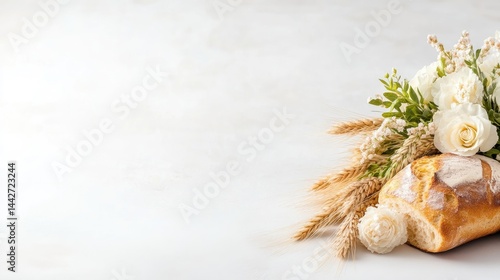 Fototapeta Naklejka Na Ścianę i Meble -  A freshly baked loaf of bread with white roses and wheat stalks on a white background, elegant and rustic composition, and close-up shot.