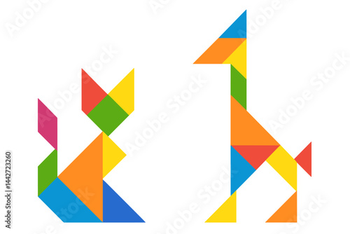 Free Download Colorful geometric shapes create a playful cat and giraffe illustration suitable for children's educational materials - GFXLoad