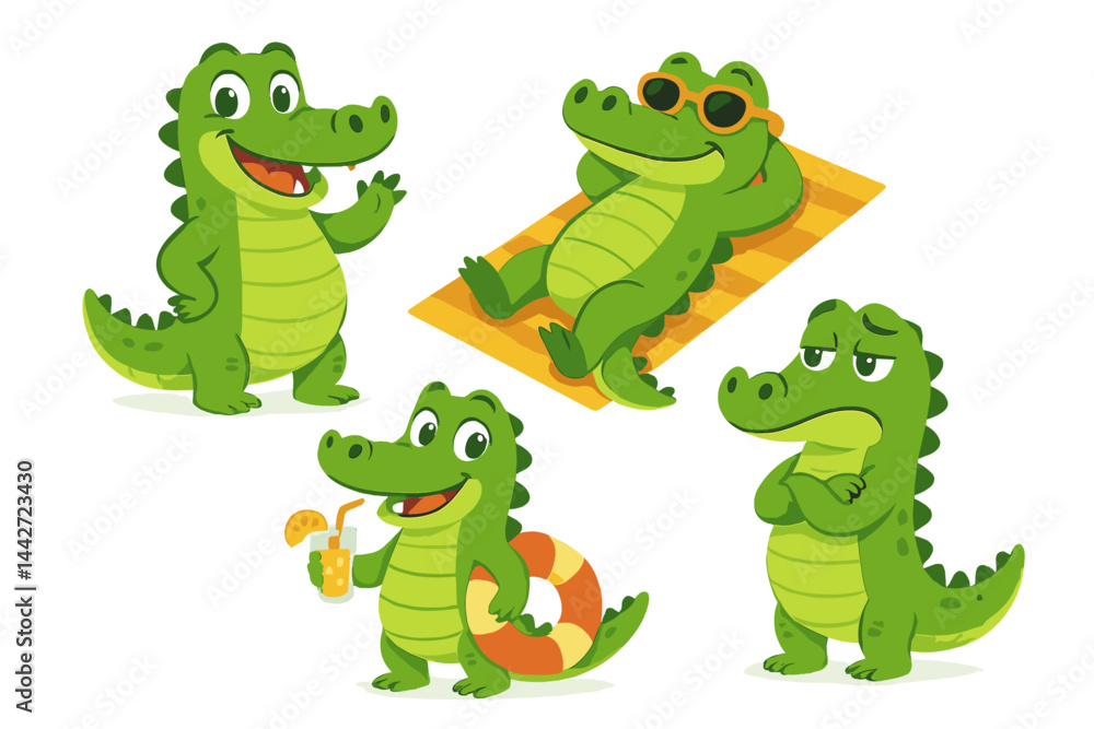 Naklejka premium Crocodile characters enjoy summer activities in vector flat illustration featuring relaxation by the pool
