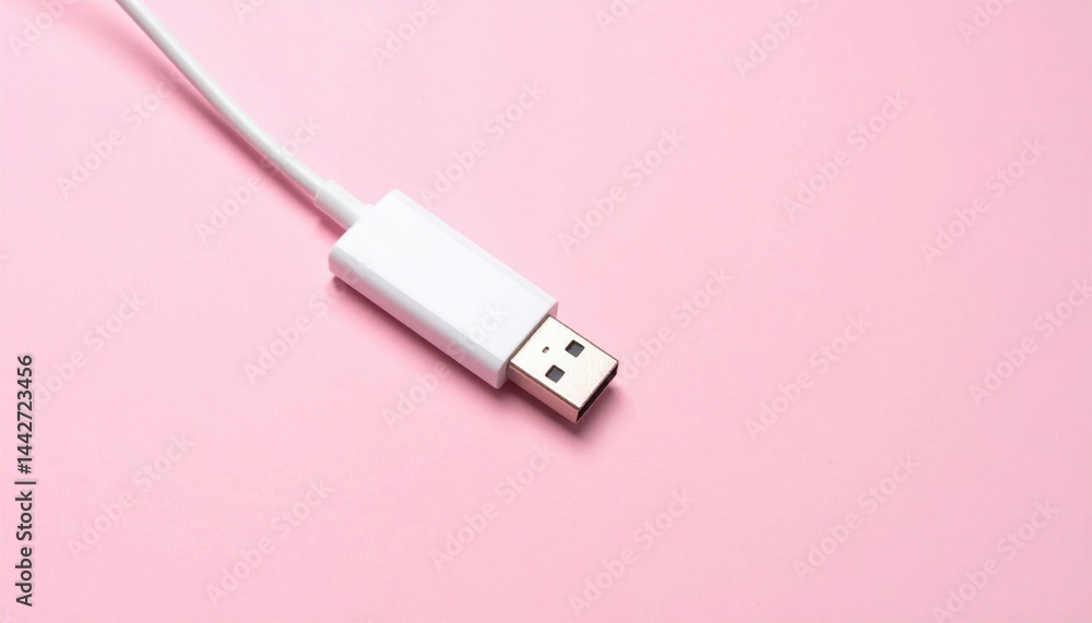 Fototapeta premium Usb cable close-up on pink background technology product minimalist style studio setting product photography
