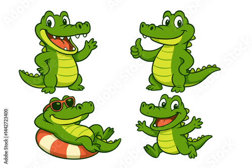 Charming crocodile characters enjoying various playful activities in a colorful vector flat illustration