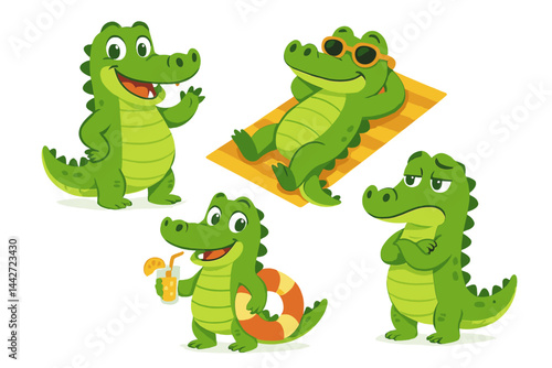Crocodile characters enjoy summer activities in vector flat illustration featuring relaxation by the pool