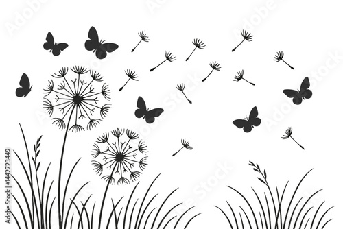 Black and white vector illustration of butterflies and dandelions in a calm field