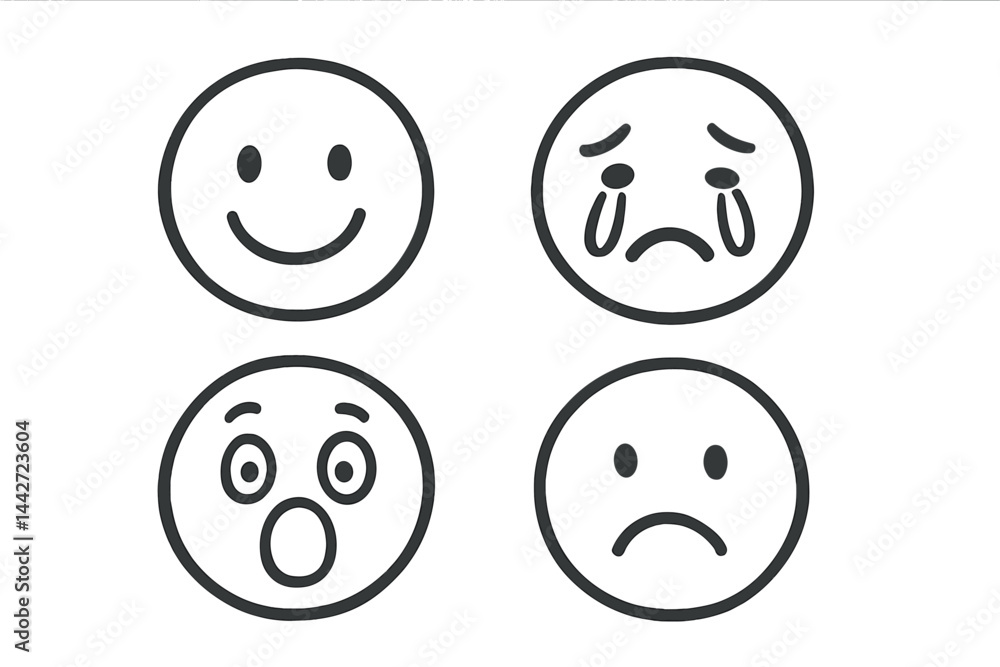 Emotions represented through simple vector illustrations depicting happiness, sadness, surprise, and disappointment in a playful manner Emotions represented through simple vector illustrations depicting happiness, sadness, surprise, and disappointment in a playful manner