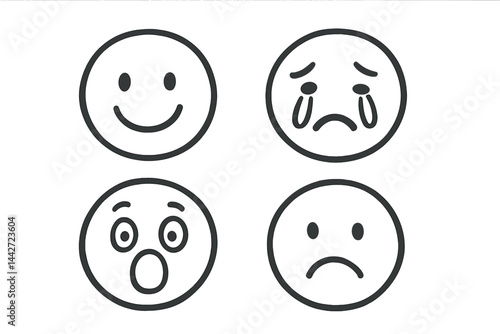 Emotions represented through simple vector illustrations depicting happiness, sadness, surprise, and disappointment in a playful manner