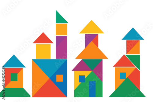 Vibrant geometric shapes create a colorful cityscape illustration with various buildings and structures