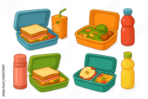 Colorful lunch boxes filled with sandwiches, fruits, and healthy snacks create an appealing meal prep display