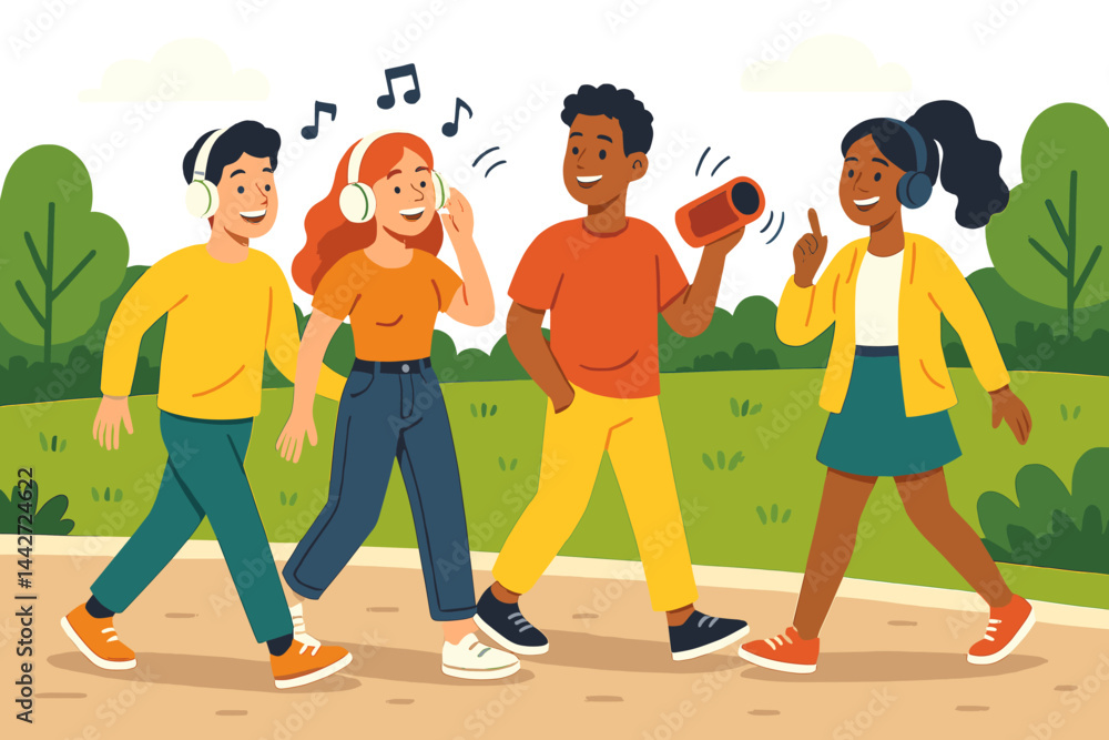 Obraz premium Friends enjoying a lively walk in the park while listening to music from a portable speaker on a sunny day