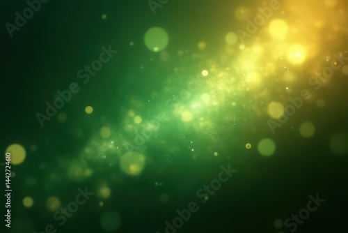 Abstract green bokeh background with bright, shiny light circles in a defocused pattern