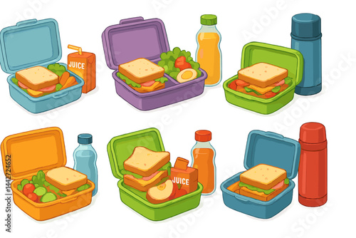 Colorful vector flat illustration of various lunch boxes filled with healthy food ready for school or picnic