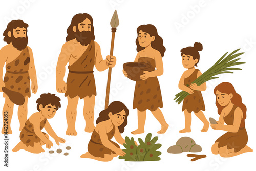 Exploring daily life in a prehistoric community with cave people engaging in various tasks