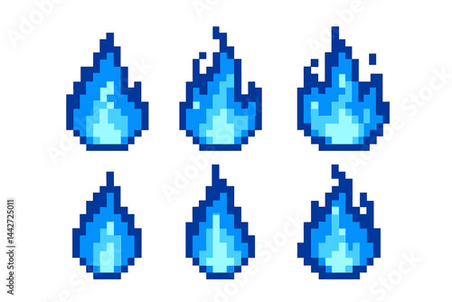 Vibrant blue fire flames in pixel art style for video game design and digital projects