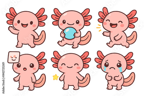 Cute axolotl characters expressing emotions through playful activities in a vibrant vector flat illustration style
