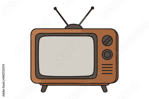 Vintage television set in a classic design with wooden finish and antennae on a neutral background