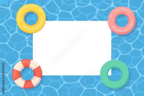 Bright and cheerful vector flat illustration featuring colorful pool rings placed around a blank space on a blue water background