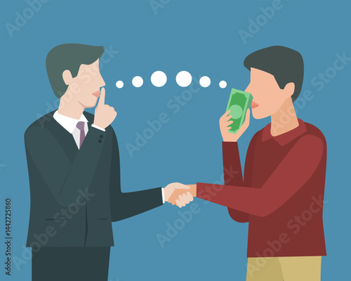 Man finger on lips and cash dollar money bribing person for silence. Hush Money Concept. Illustration Vector Cartoon.