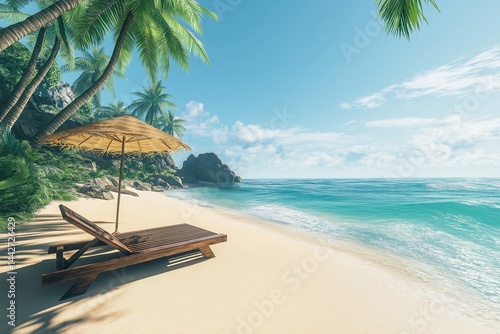 A breathtaking seaside vacation scene featuring an empty beach with a wooden sun lounger and a straw umbrella on soft golden sand. The turquoise ocean waves gently reach the shore, 