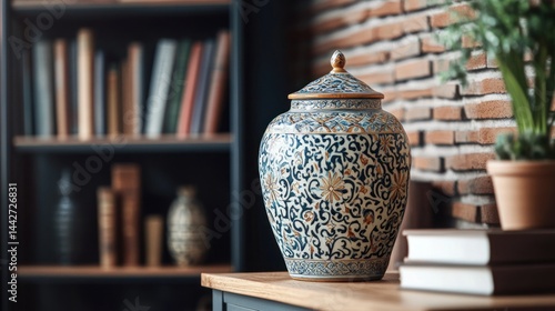 Ornate decorative jar on a wooden table, in a room with bookshelves and brick wall