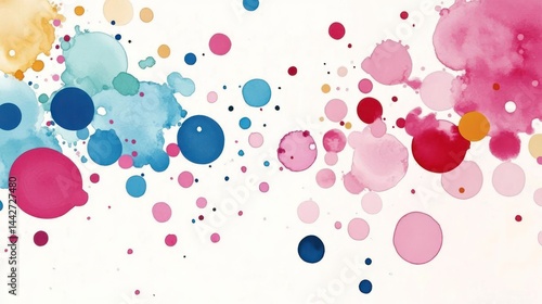 Abstract watercolor design featuring colorful circular shapes on a white background.