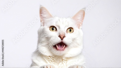 White Cat with Wide Eyes and Surprised Expression in Bright Lighting