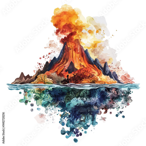 an underwater volcano erupting, watercolor drawing, isolated on a white background. an underwater volcano erupting vector.
