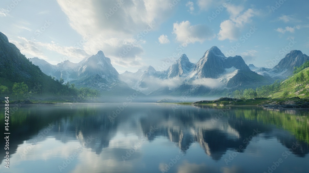 Fototapeta premium Serene mountain lake reflecting a vibrant sky. Misty peaks, tranquil waters, lush greenery
