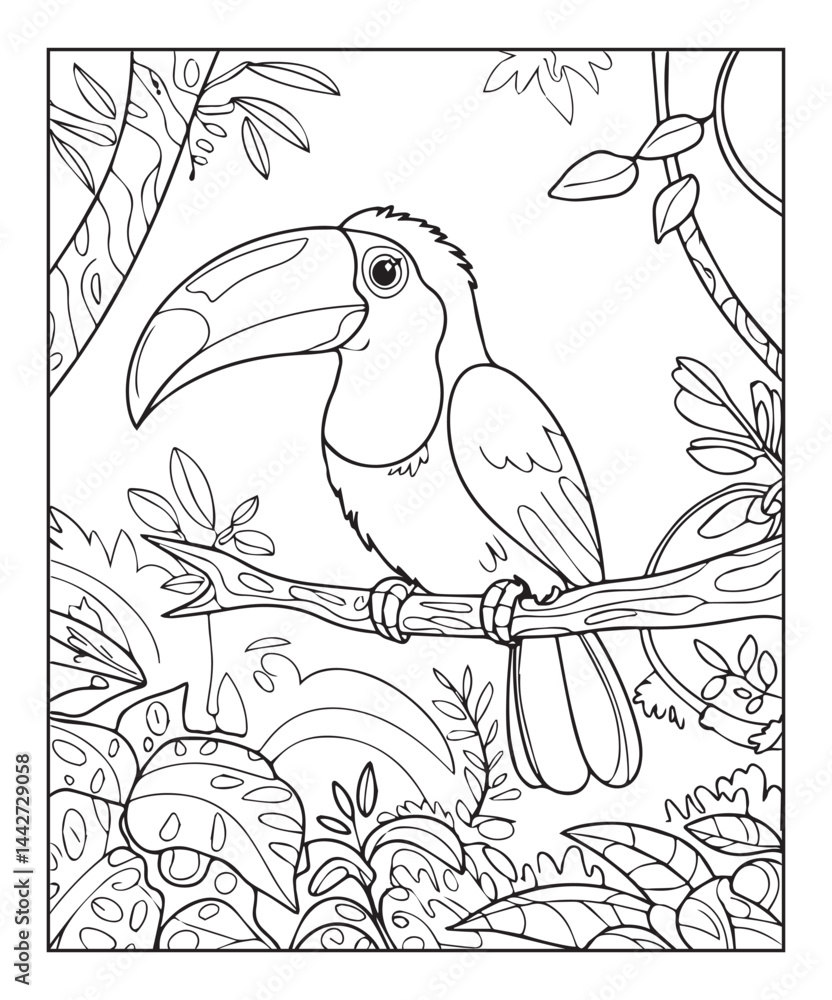 Naklejka premium Cute adorable toucan coloring page for kids, tropical bird black line art vector illustration on white background