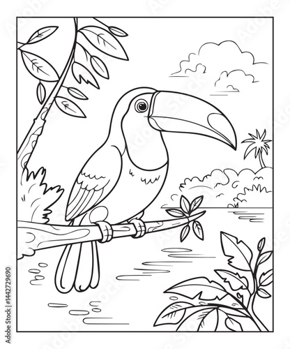 Cute adorable toucan coloring page for kids, tropical bird black line art vector illustration on white background