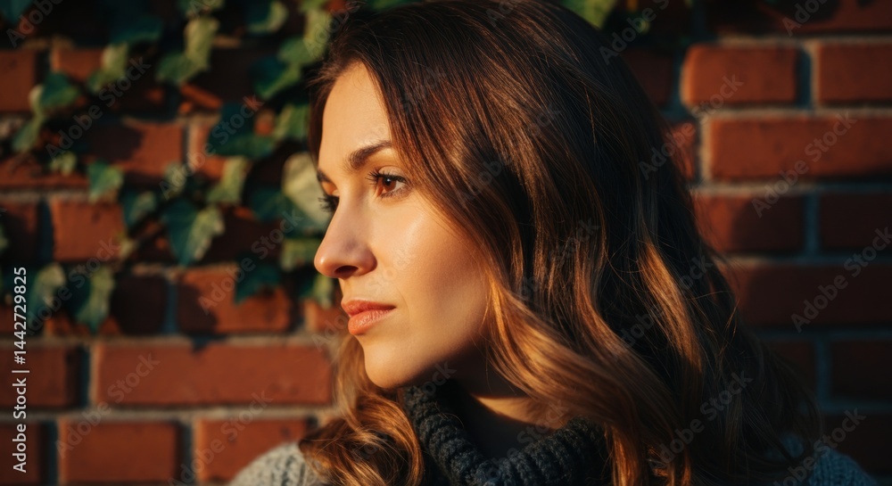 Young caucasian female in autumn light near brick wall with ivy Young caucasian female in autumn light near brick wall with ivy