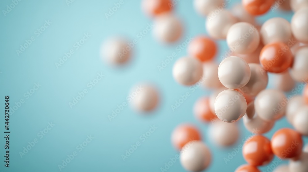 Spheres in white and orange colors float against a blue background, creating an abstract and modern scientific visual.