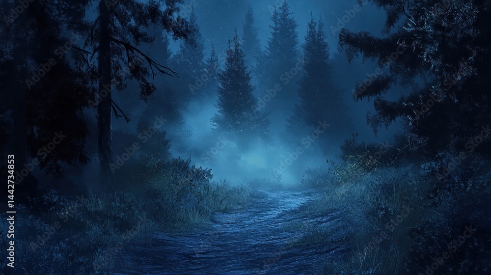 Fototapeta premium Mysterious moonlit forest pathway in foggy night landscape