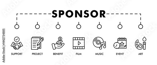 Sponsor banner web icon set vector illustration concept with icon of support, project, benefit, art, event, music, sport and film icons infographics symbol background