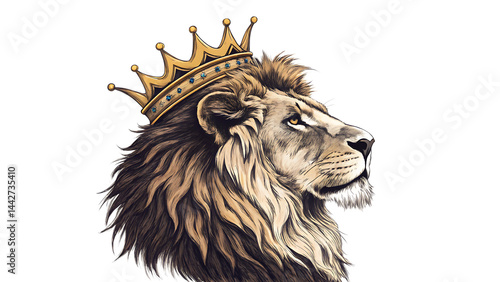 lion head face with mane  wearing crown  wildcat on white background PNG. AI GENERATED