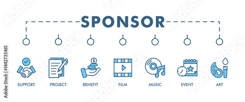 Sponsor banner web icon set vector illustration concept with icon of support, project, benefit, art, event, music, sport and film icons infographics symbol background