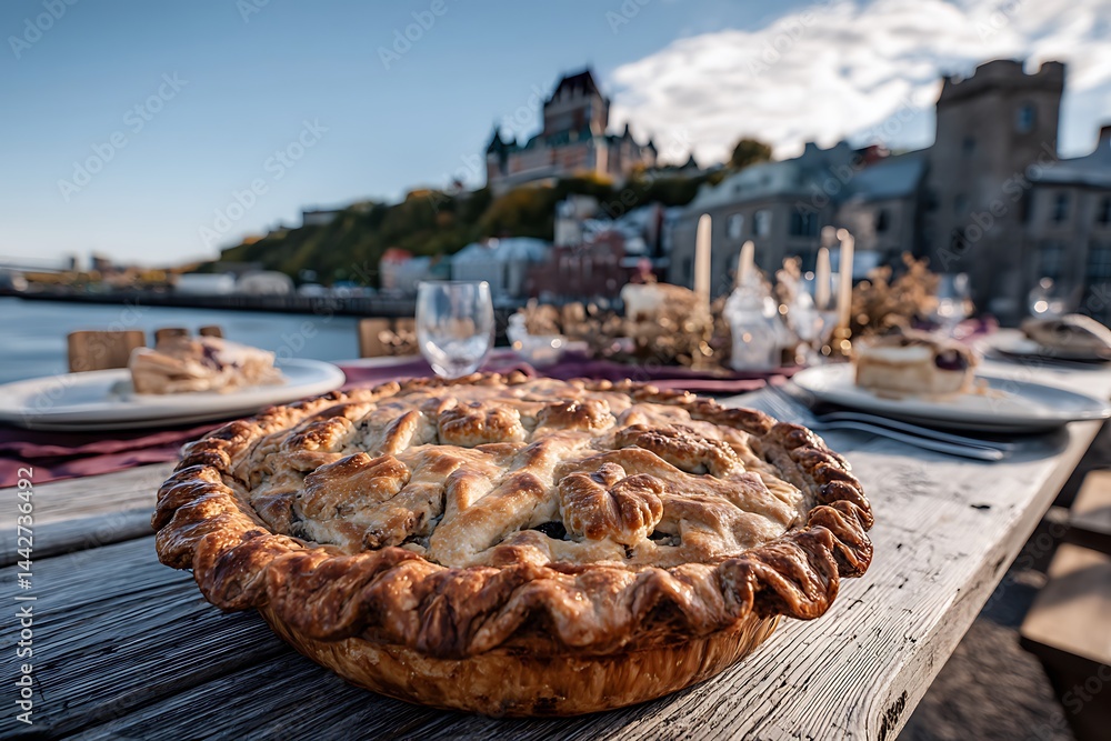 Obraz premium Traditional Quebec Tourti??re pie, rich with savory fillings, resting on a rustic table with the majestic Quebec City fortress as the perfect backdrop, embodying rustic Canadian charm. 