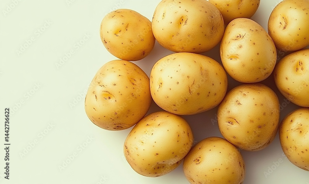 Close-up of light-yellow potatoes with brown spots on light-blue surface. Close-up of light-yellow potatoes with brown spots on light-blue surface.