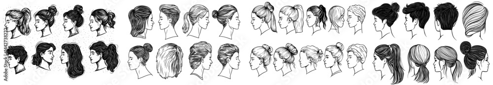 A diverse range of silhouette profiles displaying different hairstyles and facial expressions, perfect for use in design and illustration work
