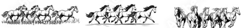 A striking black design featuring a dynamic silhouette of five galloping horses that embody speed and grace