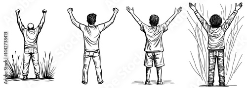 Figure of an individual with arms lifted in triumph