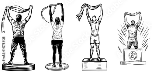 An athlete's silhouette is seen celebrating victory on a podium