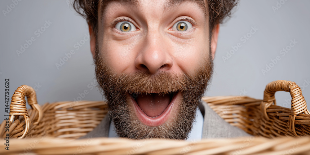 Überraschter Mann mit Bart schaut über Rand eines Picknickkorbs mit großen Augen