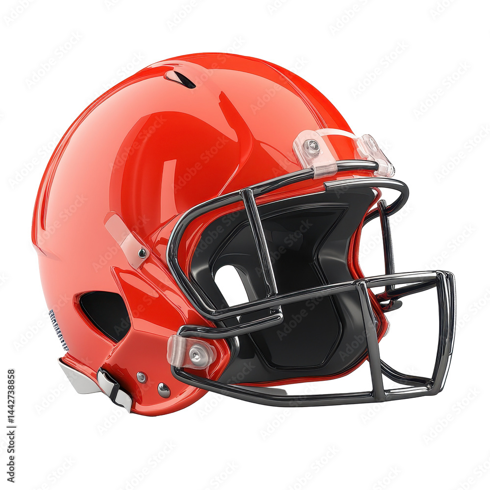 Fototapeta premium A glossy, vibrant orange football helmet with a black facemask, showcasing protective headwear for football players.
