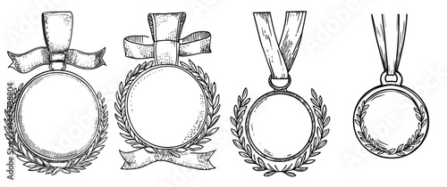 A medal's black silhouette features a laurel wreath design