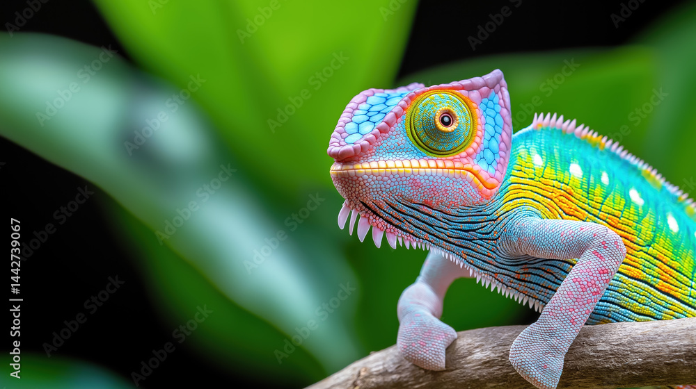Fototapeta premium Colorful chameleon perched on a branch among lush green foliage