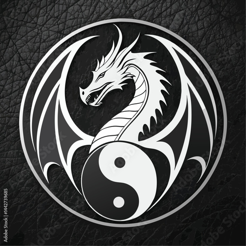 Dragon Yin Yang Symbol – Black and White Circular Tattoo Design with Mythical Dragon and Taoist Balance Icon, Ideal for Tattoo Art, Logos, and Decor