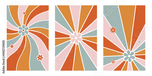 Groovy 70s-Inspired Posters Collection — Vibrant Backgrounds with Trippy Lines and Retro Colors for Artistic Wall Decoration, Creative Design, and Fun Vintage-Themed Prints