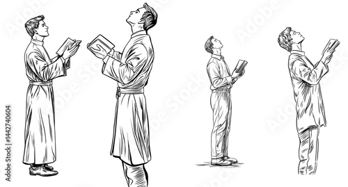 A man in a robe is depicted in a line drawing with his hands raised in prayer