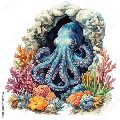 an octopus hiding in a coral crevice, watercolor drawing, isolated on a white background. an octopus hiding in a coral crevice vector.
