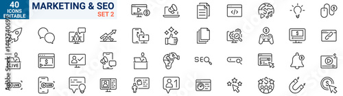 Marketing Growth line web icon set. Marketing icons for business. Communication, advertising, ecommerce, seo, content, product, target audience, website, social media and mor